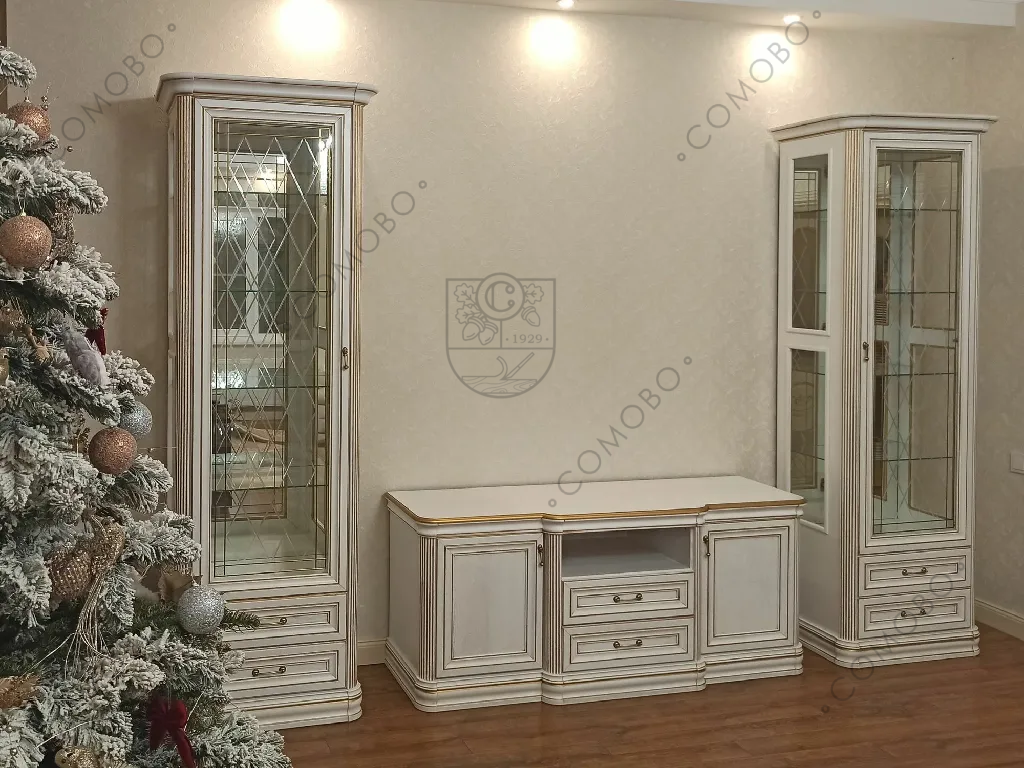 Витрина «Василиса» витраж Мозаика, дерево, шпон, цвет белоснежный/золотая патина